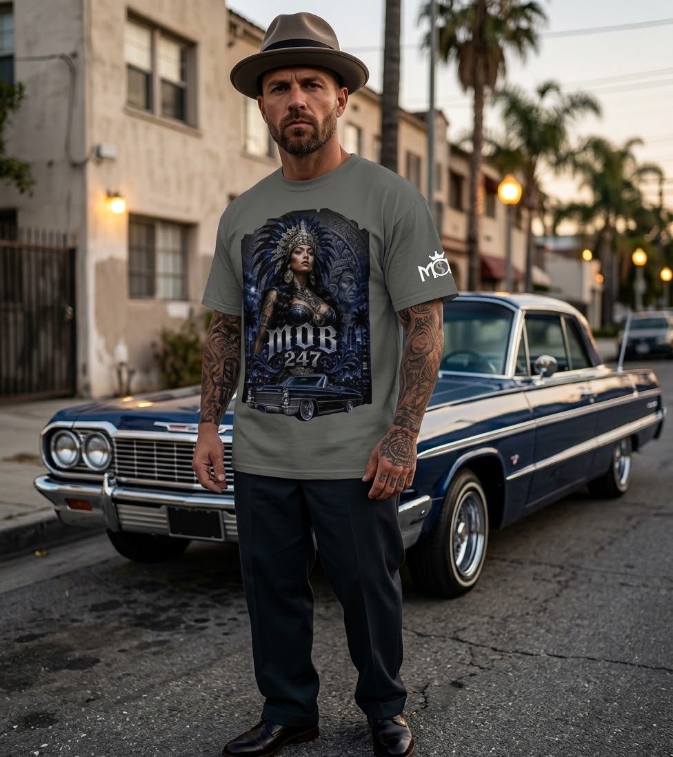 Aztec Queen Lowrider Charcoal Tee - MOB 247 Lifestyle