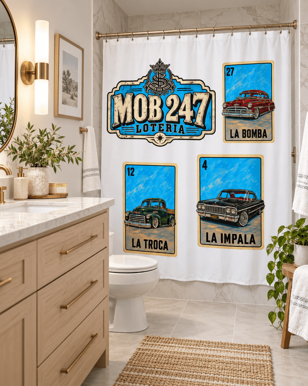 La Lotería Lowrider Shower curtain - MOB 247 Lifestyle