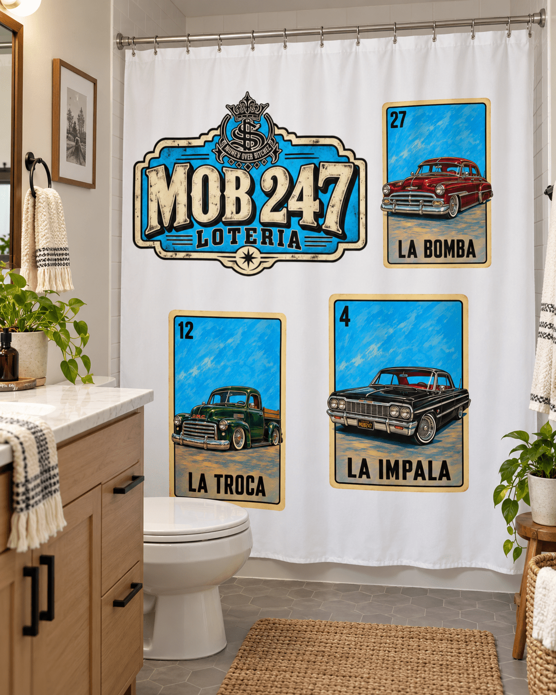 La Lotería Lowrider Shower curtain - MOB 247 Lifestyle