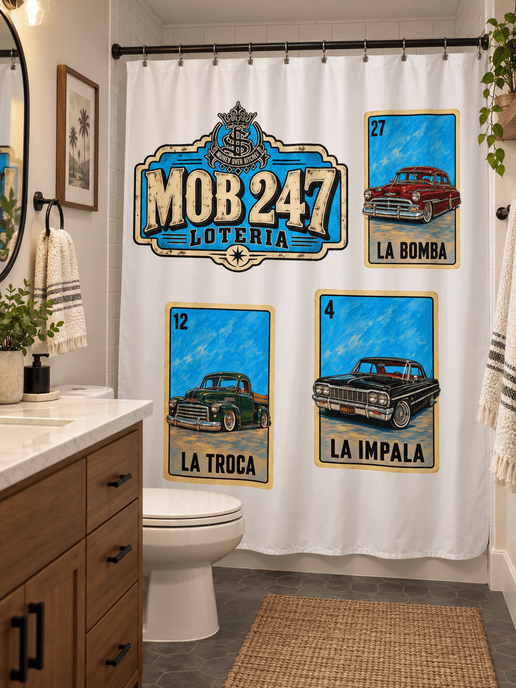 La Lotería Lowrider Shower curtain - MOB 247 Lifestyle
