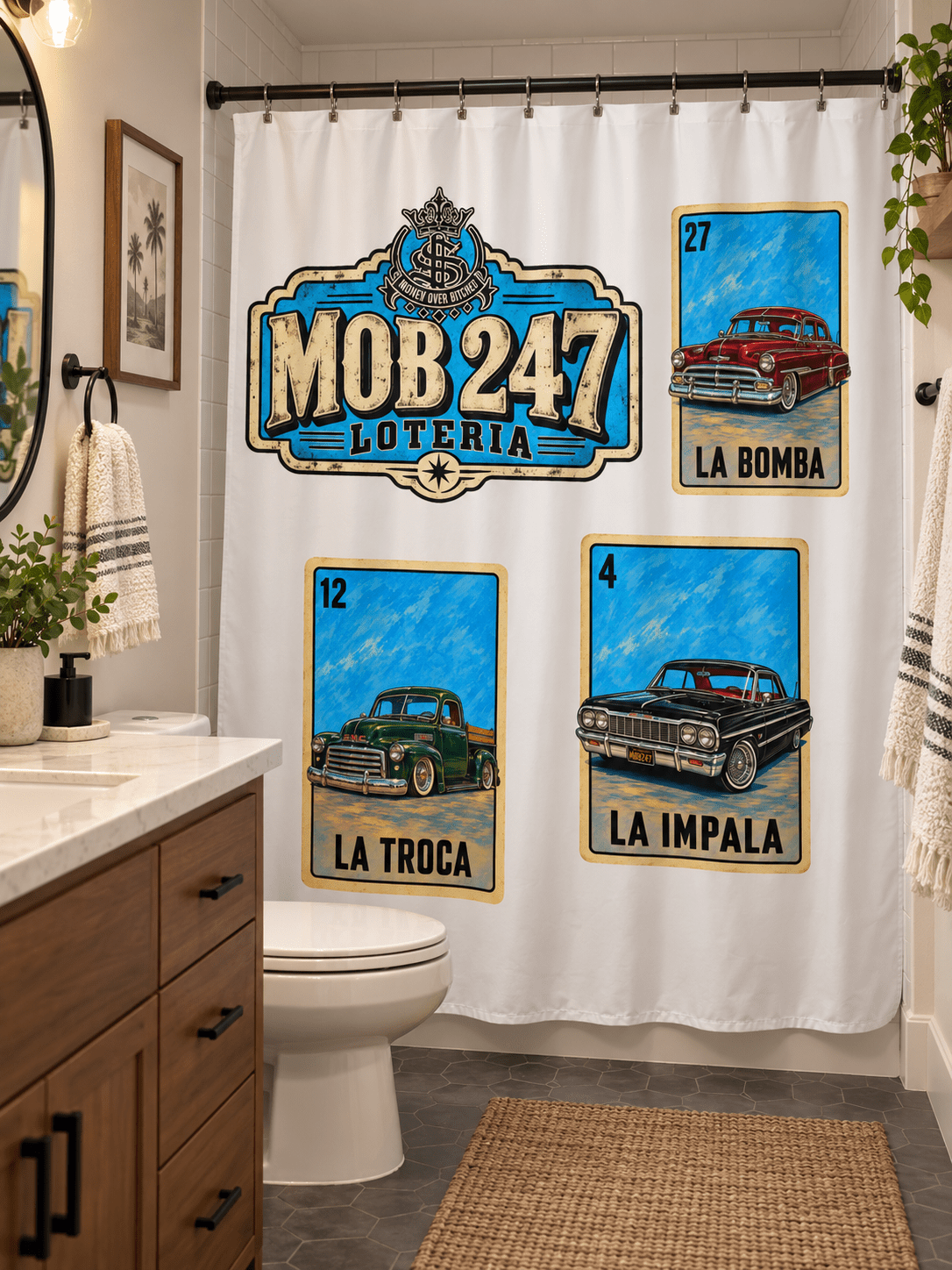 La Lotería Lowrider Shower curtain - MOB 247 Lifestyle