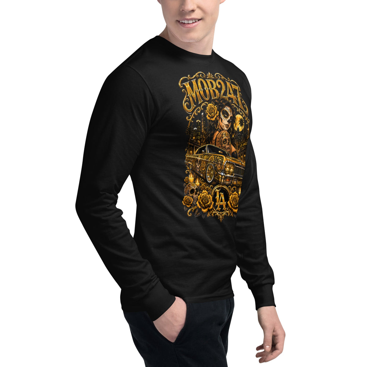 MOB247 Lowrider Sugar Skull Champion Long Sleeve Shirt - MOB 247 Lifestyle