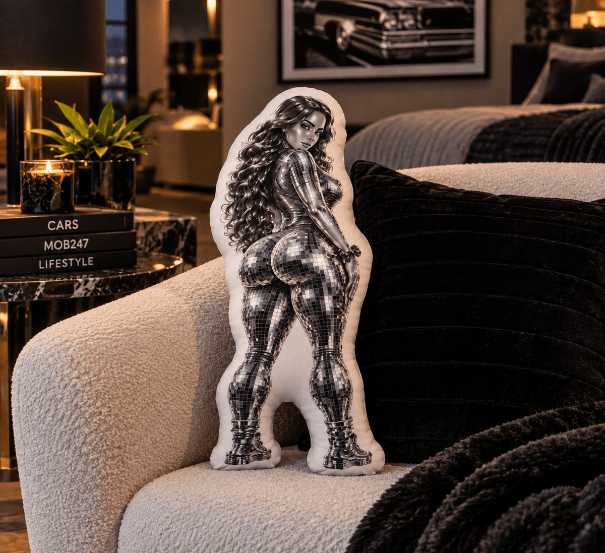 Mz Lopez Chrome Custom Shape Pillow - MOB 247 Lifestyle